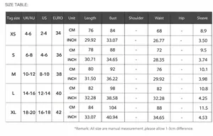 Tableau de tailles complet pour robe en dentelle à manches courtes en CM et POUCE