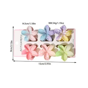 Detailed size and weight dimensions for a set of 6 colorful frangipani flower hair claw clips