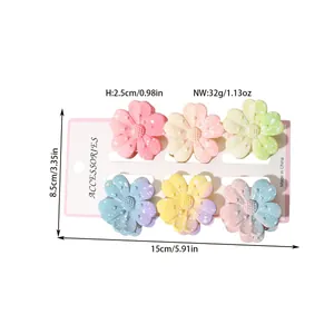 Detailed size measurements for six colorful matte flower hair claws on display card