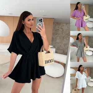 Combishort Femme Col en V Manches Courtes Décontracté Taille Haute Couleur Unie Combinaison Texturée Mode Été Plage Vacances Body