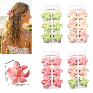 Detailed size guide and multiple sets of colorful plumeria flower hair claw clips