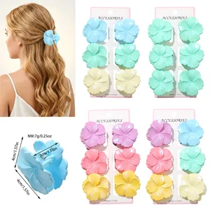 Pastel plumeria flower hair claw clips for women showing size and various color sets