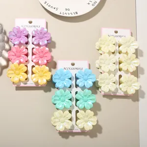Detailansicht farbenfroher Plumeria-Blumen-Haarklammern auf Display-Karten.