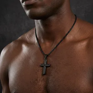 Men's black stainless steel cross pendant necklace in punk hip hop style on neck