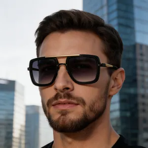 Detail shot of man wearing retro double bridge square sunglasses against city buildings