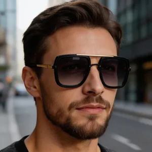 Close-up shot of men's square retro sunglasses featuring a stylish gold double bridge