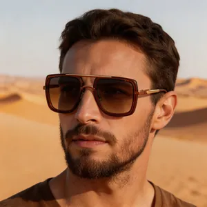 Retro double-bridge square sunglasses for men shown in a desert outdoor landscape