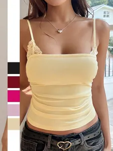 Women Lace Patchwork Tank Top Backless Bow Tie V-Neck Camisole Y2K Slim Fit Sleeveless Crop Top