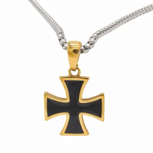Retro stainless steel Iron Cross pendant necklace with gold and black enamel finish