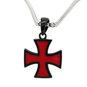 Retro men's stainless steel necklace with red enamel cross pendant on snake chain