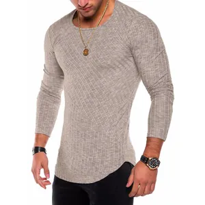 Slim fit men's long sleeve t-shirt in beige ribbed fabric with diagonal seam detail