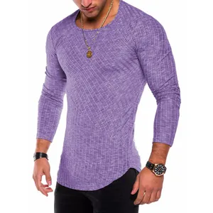 Slim fit lavender long sleeve T-shirt for men with ribbed fabric and asymmetric hem