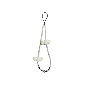 Handmade beaded phone charm featuring white cloud accents and blue sky theme beads.