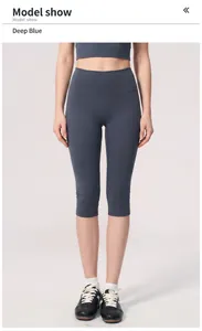 Professional detail view of high-waisted dark blue yoga capris for fitness and running