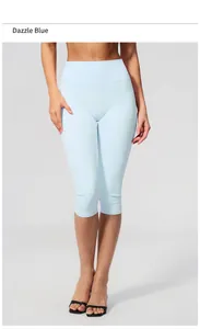 Detailed view of women's light blue brushed high-waisted slim fit yoga capris pants