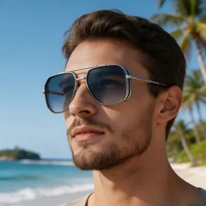 Beau mannequin masculin portant des lunettes de soleil carrées rétro punk sur la plage