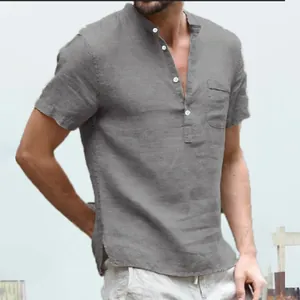 Men's casual grey linen short sleeve shirt featuring a mandarin collar and chest pocket