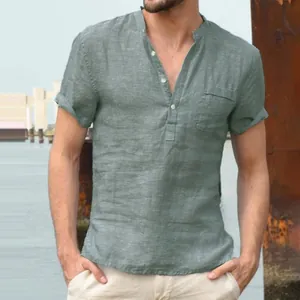 Men's casual sage green cotton linen short sleeve shirt with stand collar and pocket