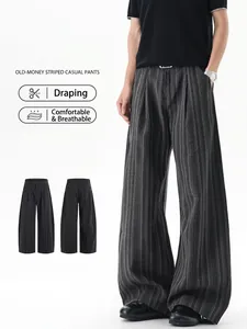 Men's Vintage Striped Wide Leg Pants Casual Pinstripe Pleated Trousers With Belt Loose Drape Fashion Straight Bottoms