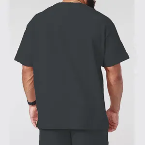 Back view of men's dark grey corduroy casual T-shirt and shorts set for training