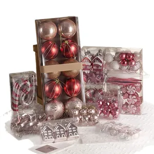 Elegant pink and red Christmas ball ornaments set featuring various festive shapes