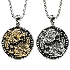 Vintage Titanium Steel Nordic Viking Wolf Head Pendant Necklace For Men Retro Rune Embossed Round Medallion Jewelry Gift