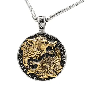 Vintage Viking wolf pendant necklace for men in two-tone stainless steel jewelry