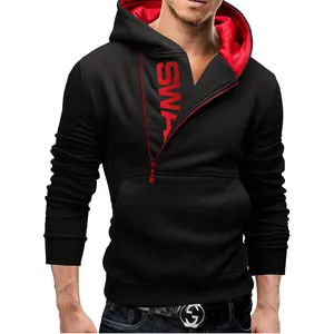 Men Streetwear Hoodie Asymmetric Diagonal Zipper Sweatshirt Hooded Top With Kangaroo Pocket Solid Color Cotton Blend Outwear