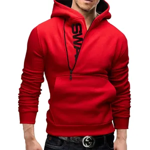 Stylish men's red hooded sweatshirt featuring a unique side zipper and comfortable fit.