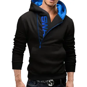 Men's stylish black pullover hoodie with blue contrast lining and a side zipper detail