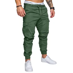 Men's olive green drawstring cargo joggers with elastic waist and side pockets
