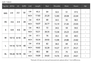 Detailed size chart for Y2K sexy solid color long sleeve T-shirt with measurements
