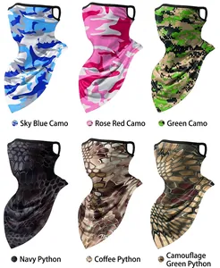 Detailed view of breathable cycling face masks in various camouflage and python patterns