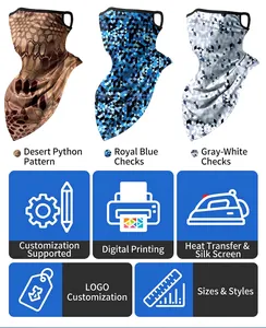 Detailed display of three pattern variants and functional features for cycling face mask