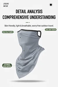 Detail view of grey milk silk cycling face mask with ear loops and neck protection.