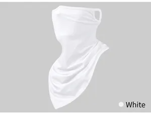 Detailed view of breathable white lycra ice silk cycling face mask with ear loops