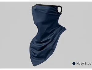 Close-up detail of breathable navy blue cycling face mask with convenient ear loops