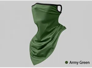 Detailed view of an army green breathable cycling face mask with ear loops and triangle design