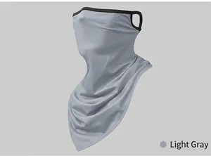 Detail view of breathable light grey ice silk cycling face mask with ear loops