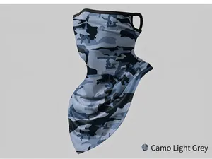 Detailed view of the breathable camo light grey cycling face mask with secure ear loops
