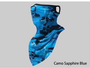 Detail of breathable cycling face mask with blue camouflage pattern and ear loops