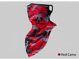 Detailed view of the red camouflage cycling face mask featuring secure ear loop design