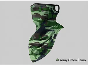 Detailed view of camouflage cycling face mask with ear loops and breathable Lycra fabric