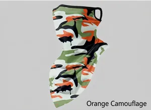 Detail view of camouflage orange cycling face mask with breathable ear loop design