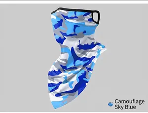 Close-up view of sky blue camouflage cycling face mask featuring breathable fabric