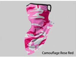 Detailed view of breathable camouflage rose red cycling face mask with ear loop design