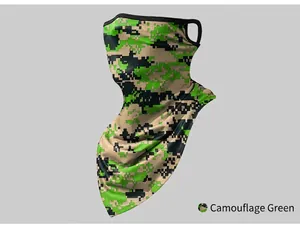 Detail view of a green digital camouflage cycling neck gaiter with breathable ear-loop design