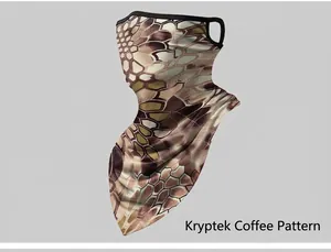 Detail of breathable cycling face mask with coffee python camouflage pattern and ear loops