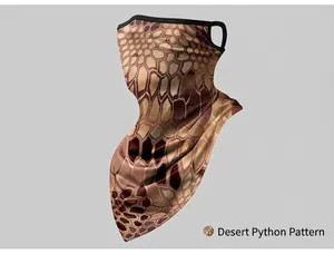 Detail view of breathable cycling face mask with desert python camouflage pattern