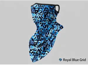 Close-up of royal blue checkered breathable cycling face mask with ear loops